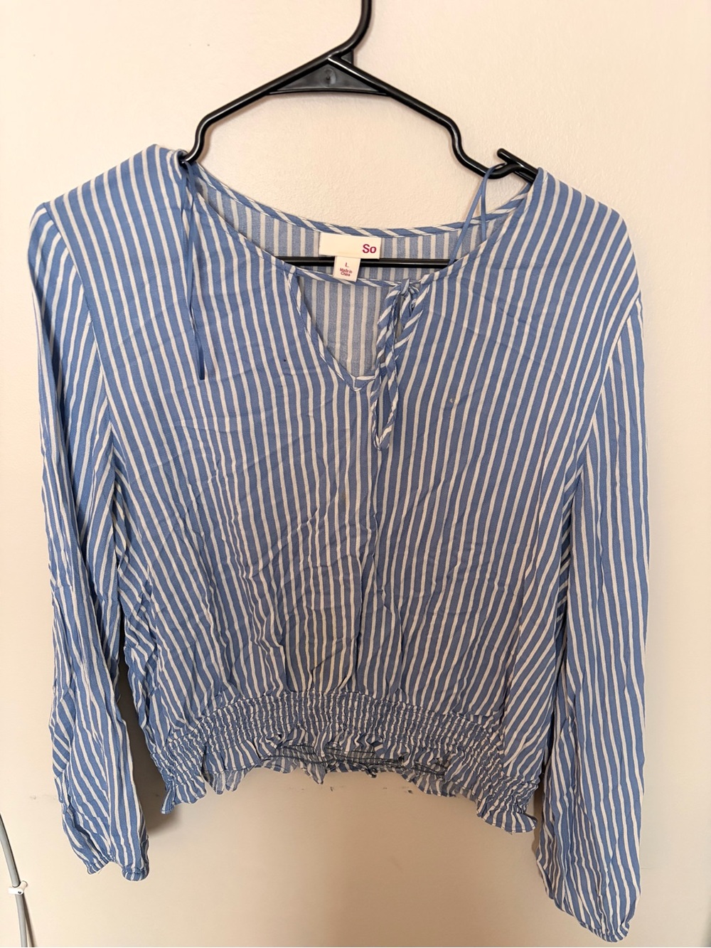 SO Blue and White Striped Long-Sleeve Peasant Blouse